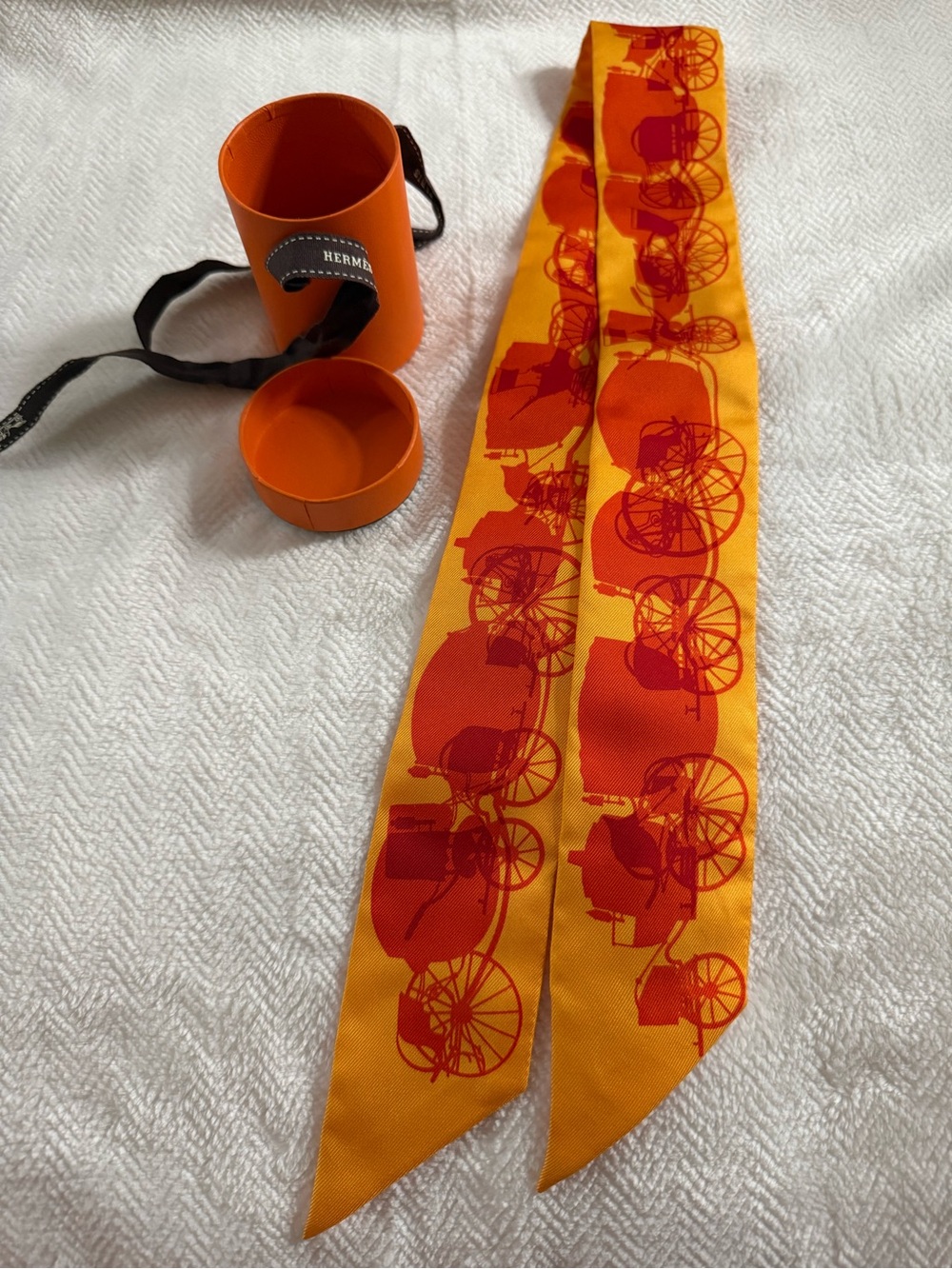 Hermès Rayons X Twilly Ribbon Scarf in yellow and red